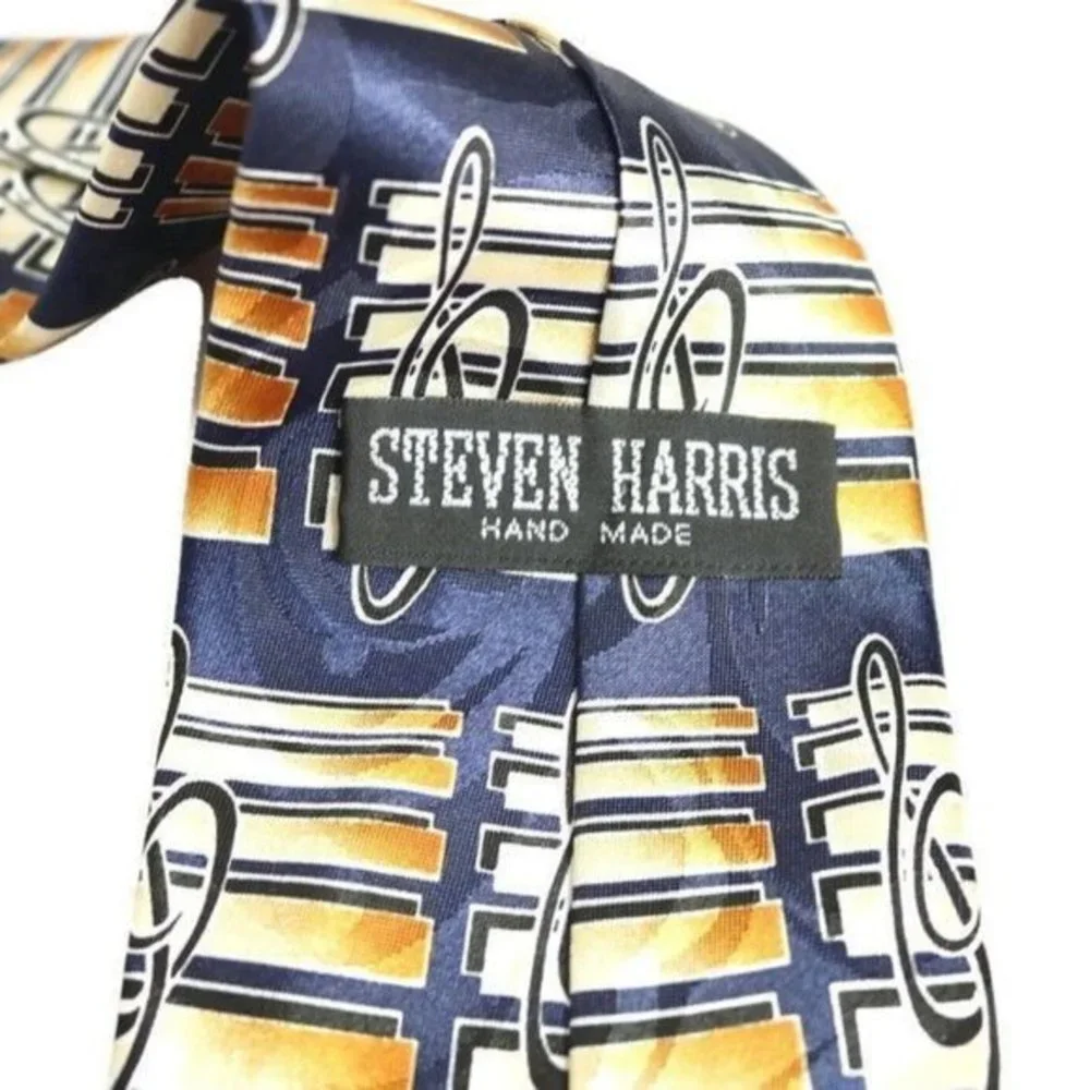 Steven Harris Tie Necktie Music Musical Notes Band Blue Tan‎ Gold Hand Made
